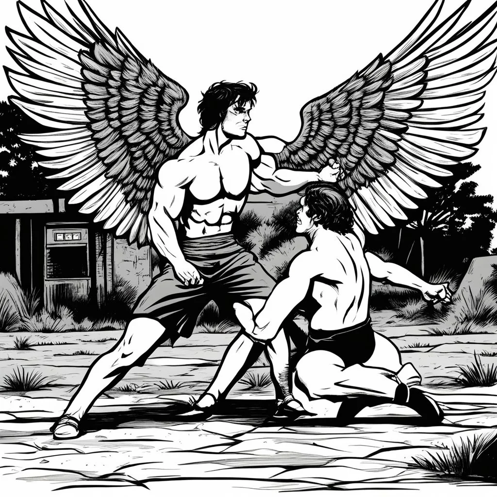 (in the style of grindhouse comic illustration) Jacob wrestling with angel
