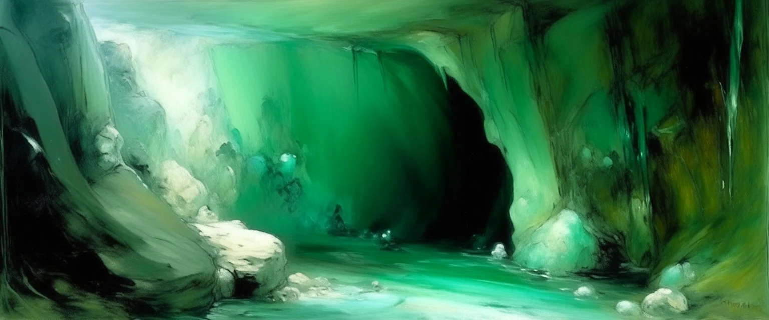 A mint colored diamond cavern covered in water painted by Edouard Manet