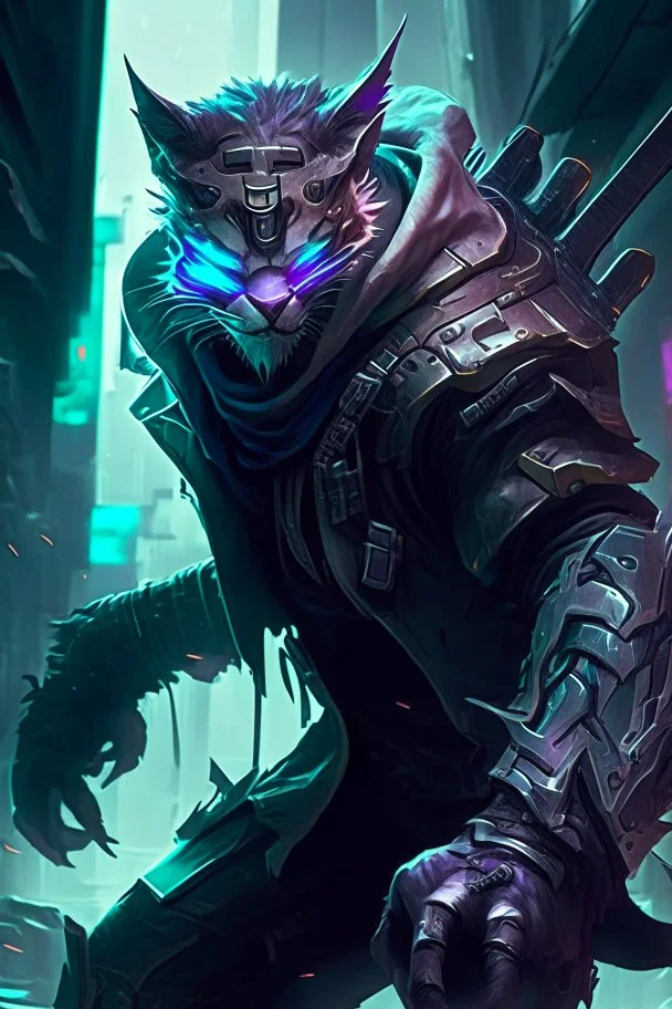 Rengar from league of legends in style cyberpunk, hunting his enemy