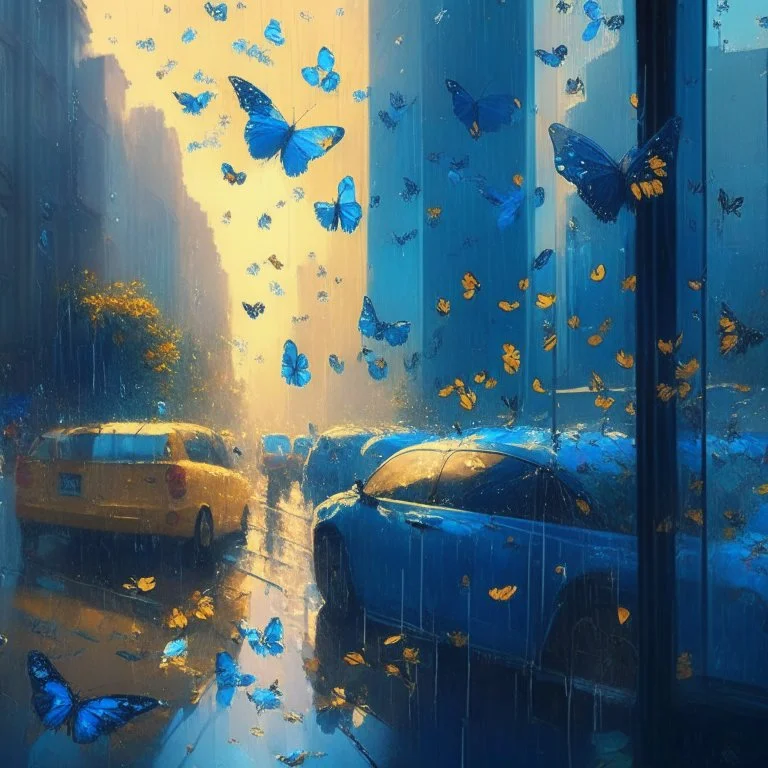 morning, window, rain, butterflies, blue, flowers in the road, city, crowd, cars, sunlight, golden