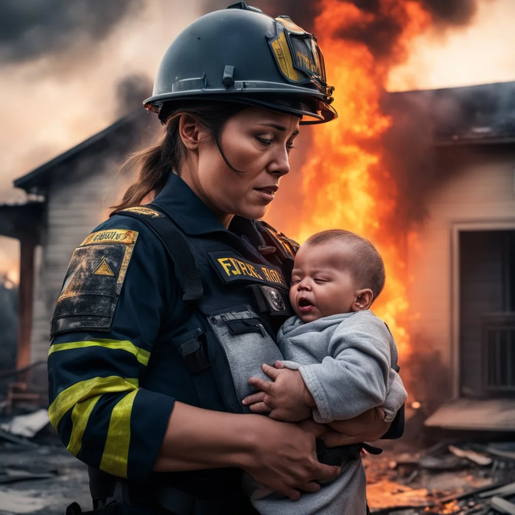 Hyper Realistic Photographic-Close-view of a firefighter-mother with her uniform carrying-protectively-her-crying-baby outside her burning-home with cloudy-sunset-behind showing dramatic & cinematic ambiance