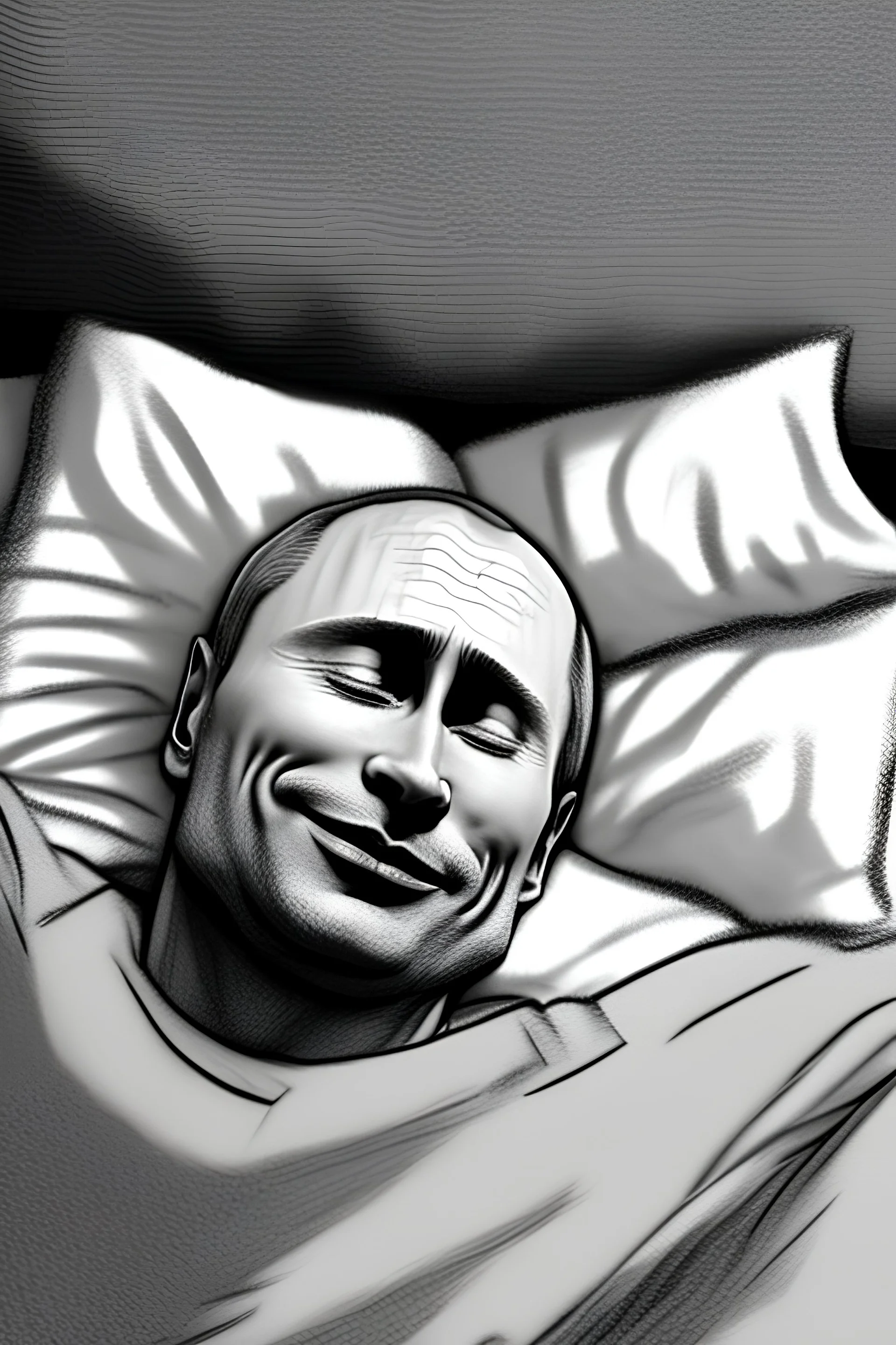 Draw a sleeping Putin, he seems to be having a good dream and smiling in his sleep. The picture should resemble the style of a comic book.
