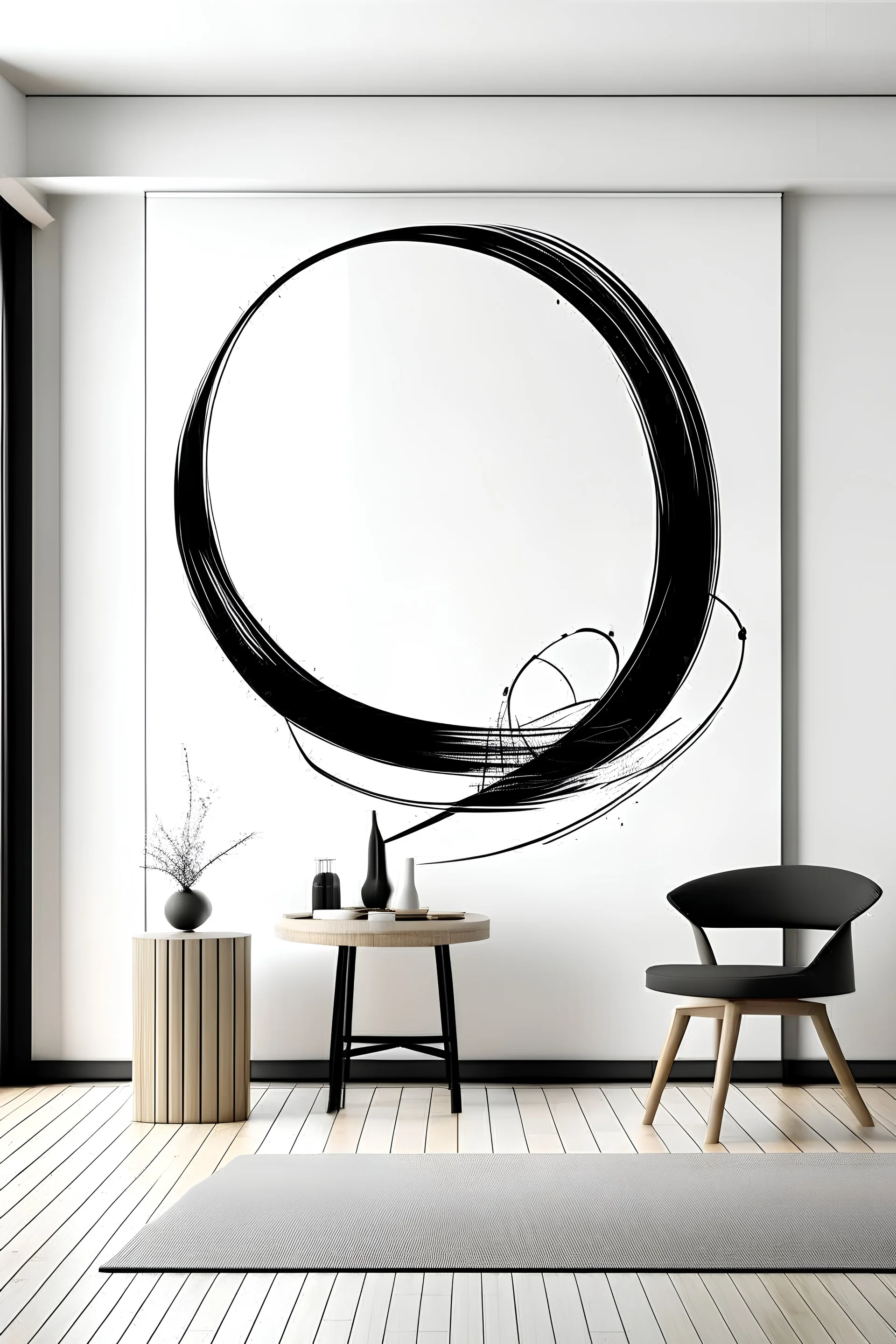 Create handpainted geometric wall mural Create handpainted geometric wall mural featuring a minimalist Enso circle with calligraphic strokes, using a black and white color palette for a clean and serene look."