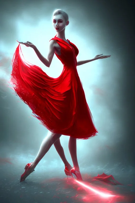 Adorable woman in red gown volumetric light ray in haze surrealism