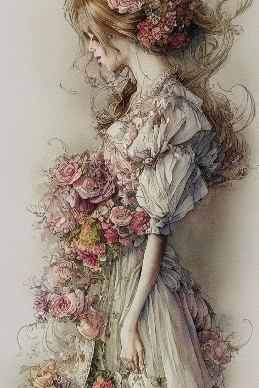 beautiful woman in romantic floral dress ironing in a luxurious room by Jean-Baptiste Monge, watercolor and ink, intricate details, fantasy, beautiful, award winning, colorful, fantastic view, crisp quality in sunshine