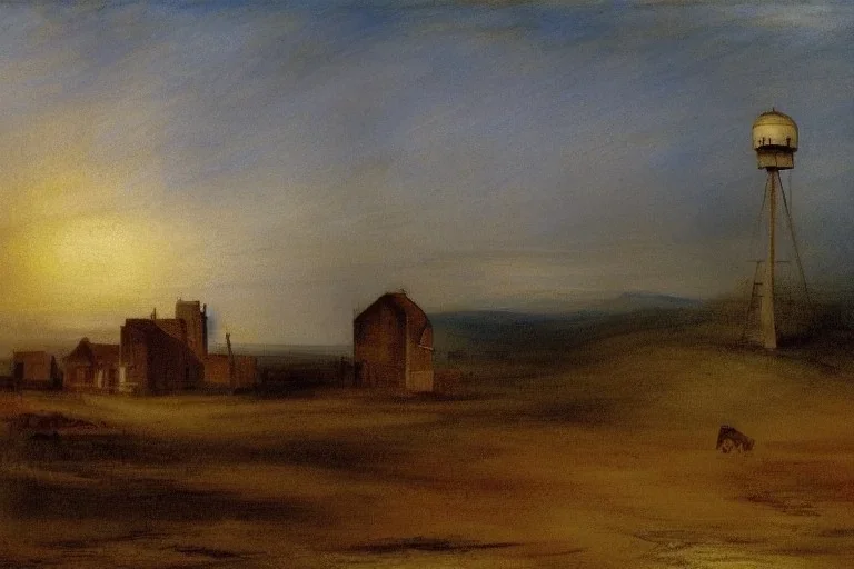 landscape in the old west, with a little town with a water tower painted by william turner