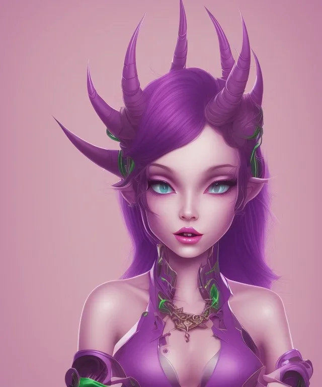 cute purple haired devil girl with bright green eyes and 2 black horns on her head wearing a purple/pink dress