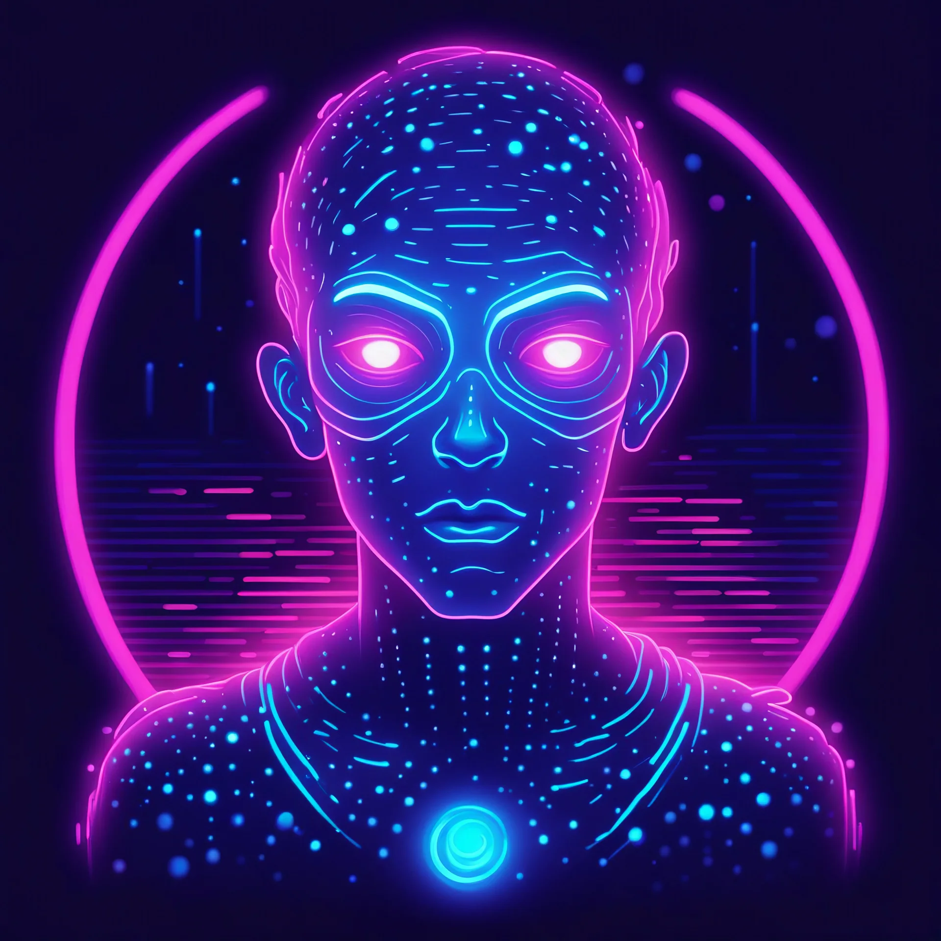 in dot art style, Ghostray with deep-blue neon-blue glowing pink-white and bright-blue color palette