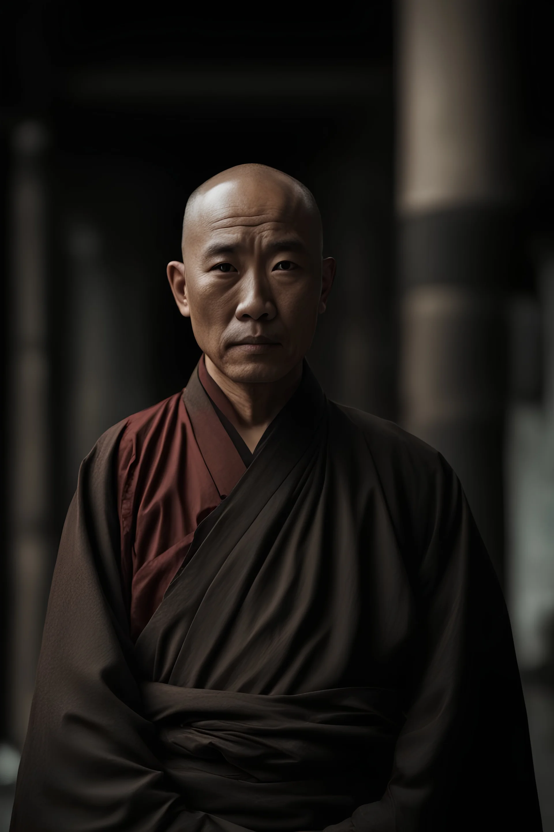 A detailed photograph of a Chinese monk looking at the camera standing straight, hands relaxed waist up, square jaw, shot action film ,cinematic luts
