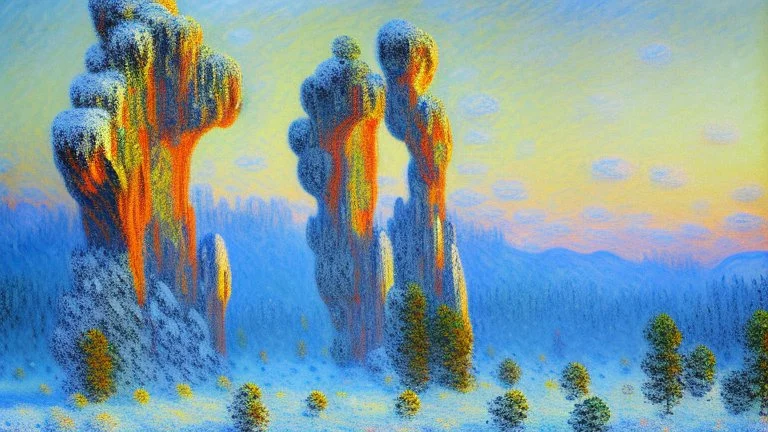 Big rocks, trees, clouds, winter, claude monet impressionism painting