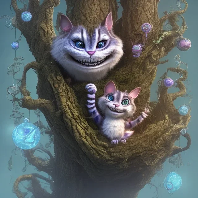 cheshire cat in a tree, leaning on a branch, wide grin, glowing eyes, blue and grey, alice in wonderland, signpost pointing in different directions, orbs of light, tea pot, teacup, film still