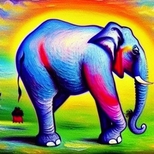 Dibujo al oleo de un elefante indio pintado con muchas nubes de colores estilo Vincent van Gogh