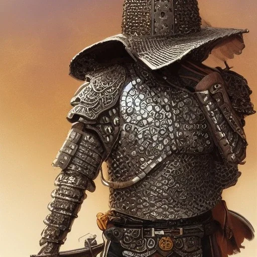 Full body portrait,"Insanely detailed photograph of an armored mariachi warrior with sword", intricate chainmail charo,detailed Sombrero, intricate D20 buttons, digital painting, artstation, concept art, smooth, sharp focus, illustration, art by artgerm and greg rutkowski and alphonse mucha, 8 k