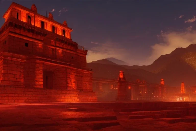 Incan architecture, city, red glow, atmospheric, realistic, unreal engine, cinematic lighting, octane render.