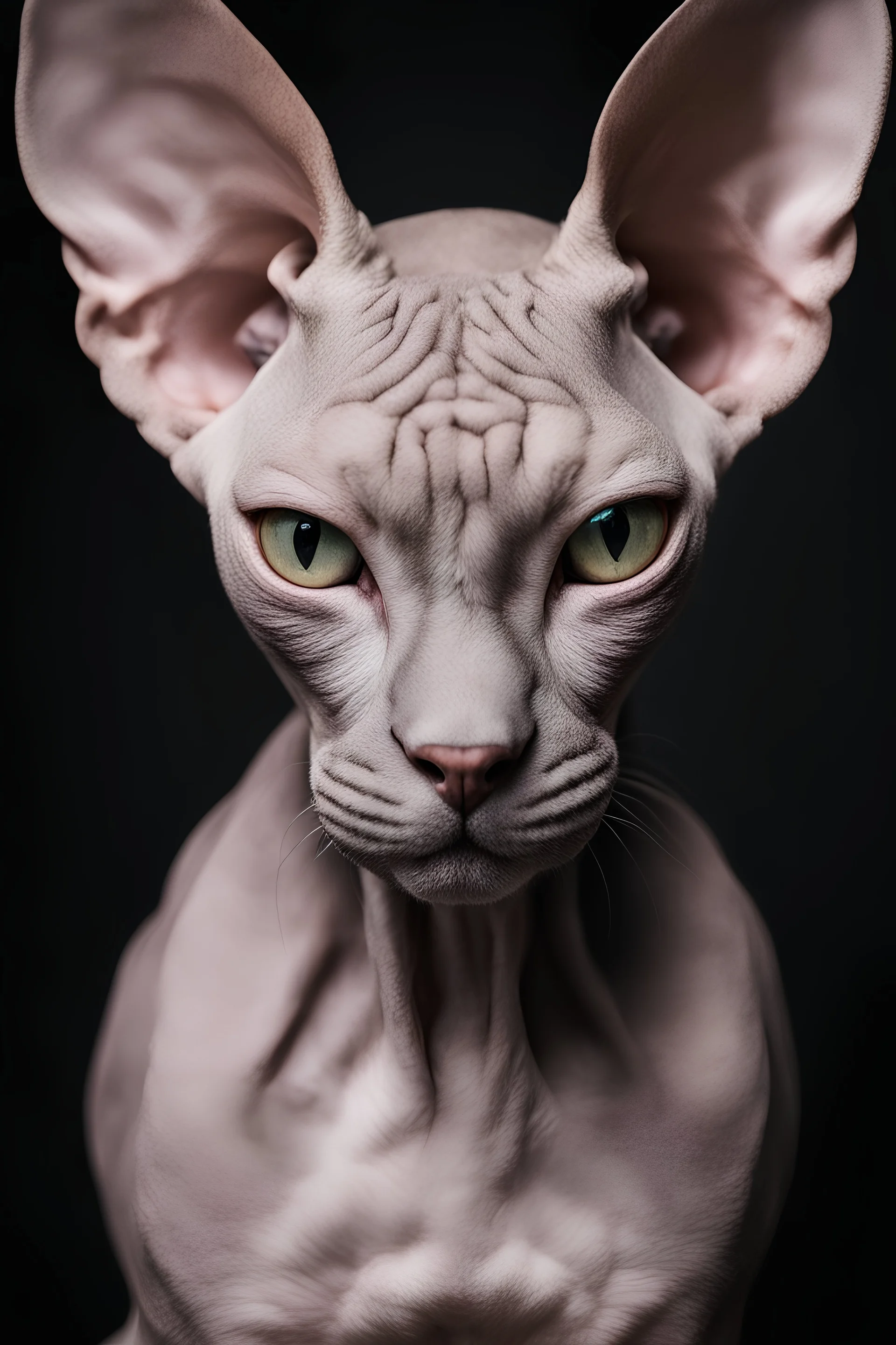 a photograph of sphynx with no backround, 30% of the picture should be full black, high contrast, portrait, shot with a sony alpha A9