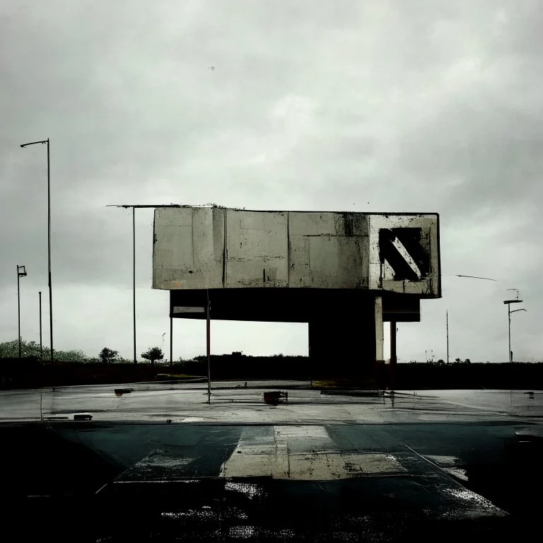 Minimal contemporary abstract oil paintings of desolate 1960s carpark with road markings and concrete fragments. Overlay with grungy typography graphics. style of Justin Mortimer and Francis Bacon.