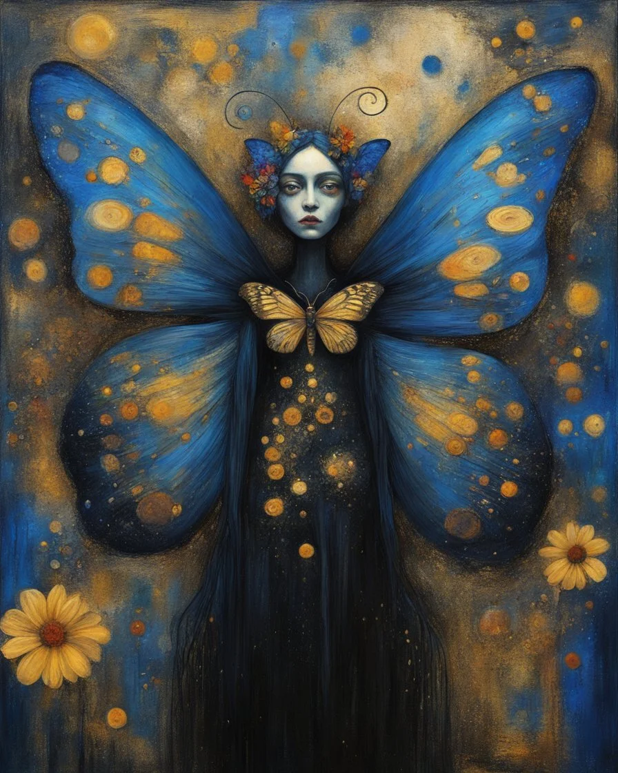 A strange old thin fairy with detailed shapes, head wrapped in dark cloth. Colorful butterfly wings. It stands in the gold, black and blue space of a flower hell. Abstract expressionism, grunge textured grainy oil colors on canvas. Disturbing depressive. Soft brush strokes Gustav Klimt.