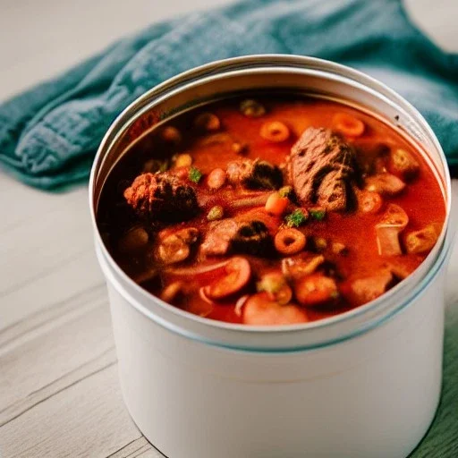 A can of goulash, 8k, HD, cinematography, photorealistic, Cinematic, Color Grading, Ultra-Wide Angle, Depth of Field, hyper-detailed, beautifully color-coded, insane details, intricate details, beautifully color graded, Cinematic, Color Grading, Editorial Photography, Depth of Field, DOF, White Balance, 32k, Super-Resolution, Megapixel, ProPhoto RGB, VR