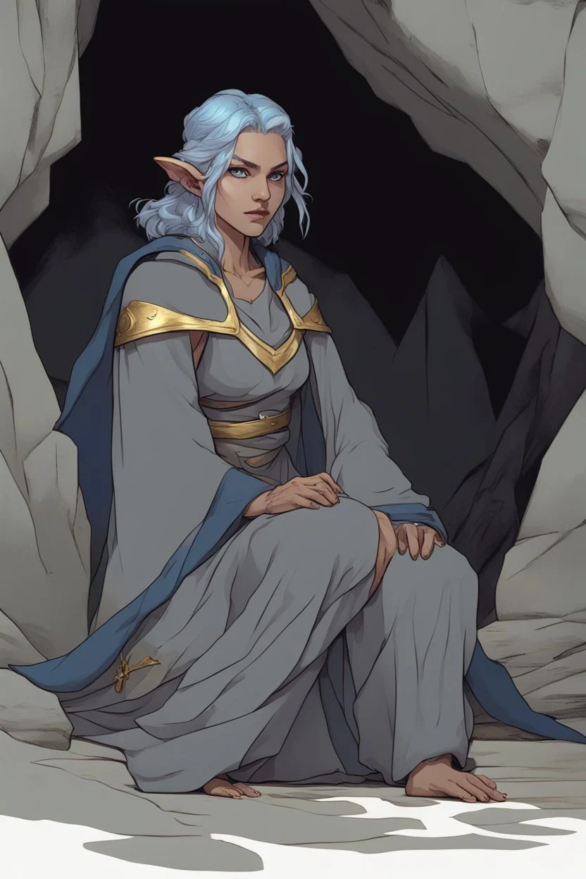 Dnd character on her knees in a cave. A female Elf twilight cleric with curly short blue hair and golden eyes, wearing gray robes. Etheral, muscular, strong.