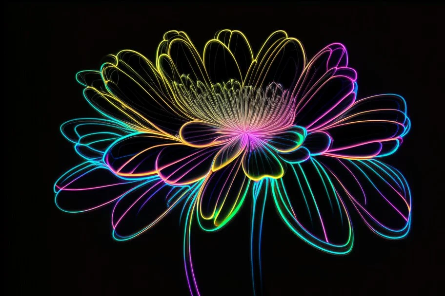 black background, outlines of a beautiful holographic flower, drawn from thin neon-coloured glowing lines