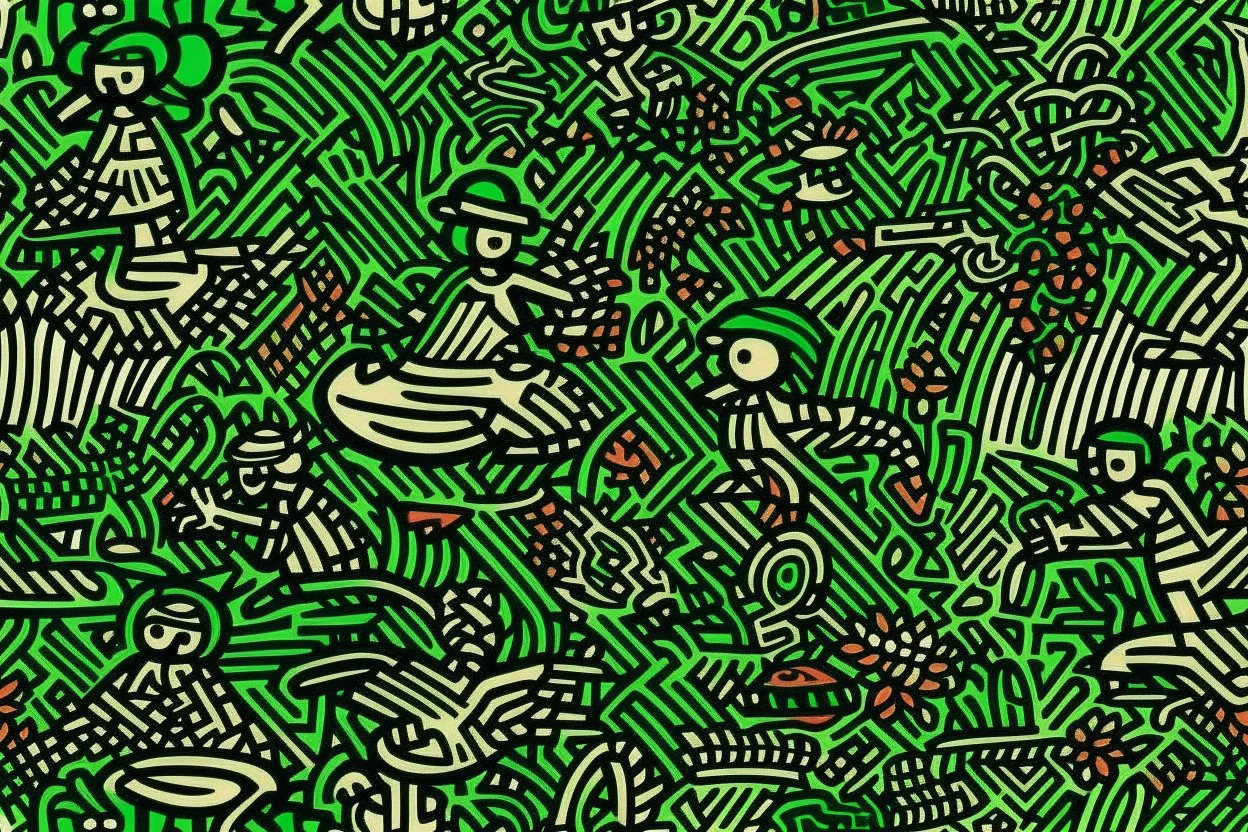 A dark green jungle with a baseball field painted by Keith Haring