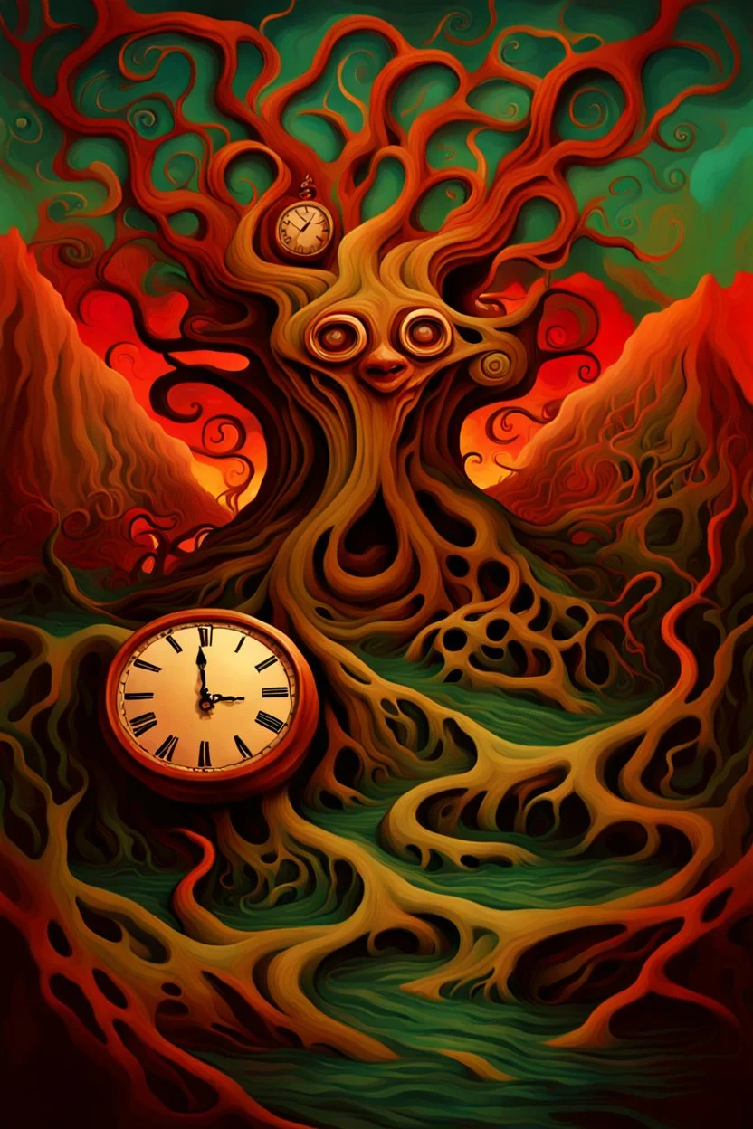 A digital painting of a grotesque, surreal landscape, embodying the chaos of the subconscious showing a distorted clock and shaped trees with twisted roots float above a ground with colorful waves and swirls. This landscape is like a dream world. Use exaggerated proportions, and a digital brush texture of oil paint.