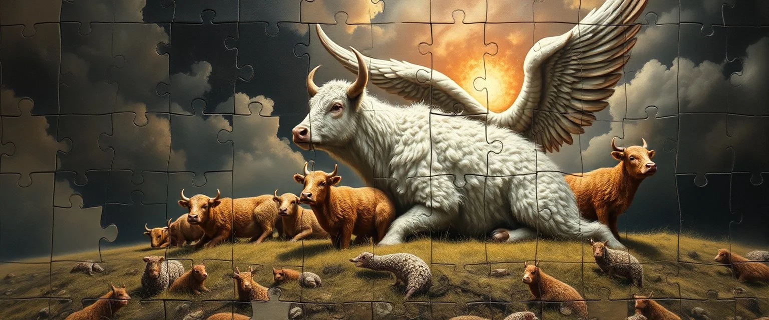 almost fully laid puzzle pieces of angry god in heaven suffering through a pinhole cam picture of heavenly fluffy elevated messed up woodland elongated slimy cow snail story teller and ad & d monster creatures flock painted by Nerdrum and Rembrandt