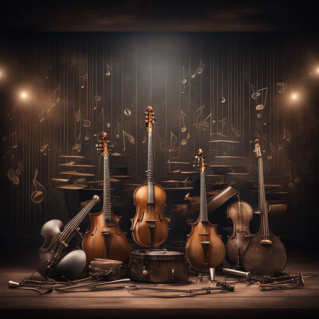 Hyper Realistic musical instruments orchestra with musical notes on a dark vintage designed stage with dark grungy rustic background & vintage lights