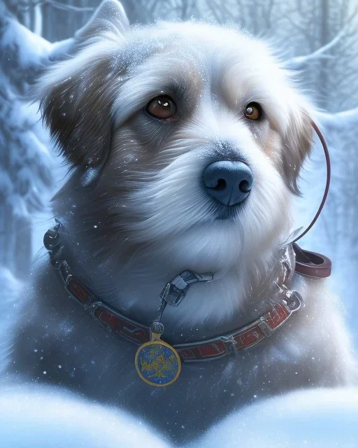 portrait of sad, scared, lonely dog tied to a short leash in front of house, winter, 8k resolution, high-quality, fine-detail, intricate, digital art, detailed matte, volumetric lighting, illustration, 3D octane render, brian froud, howard lyon, selina french, anna dittmann, annie stokes, lisa parker, greg rutowski