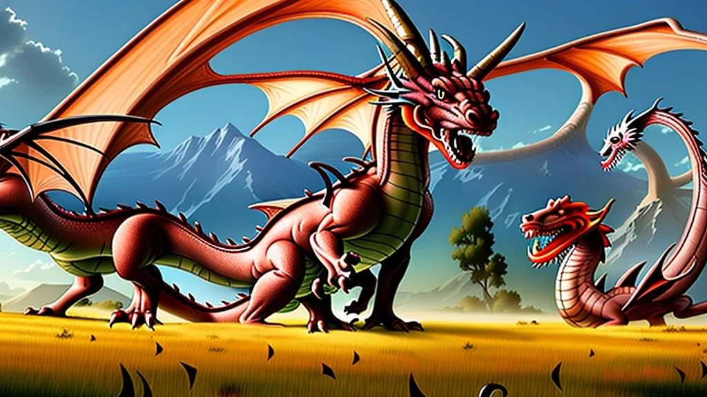 dragons in a field in front of the castle