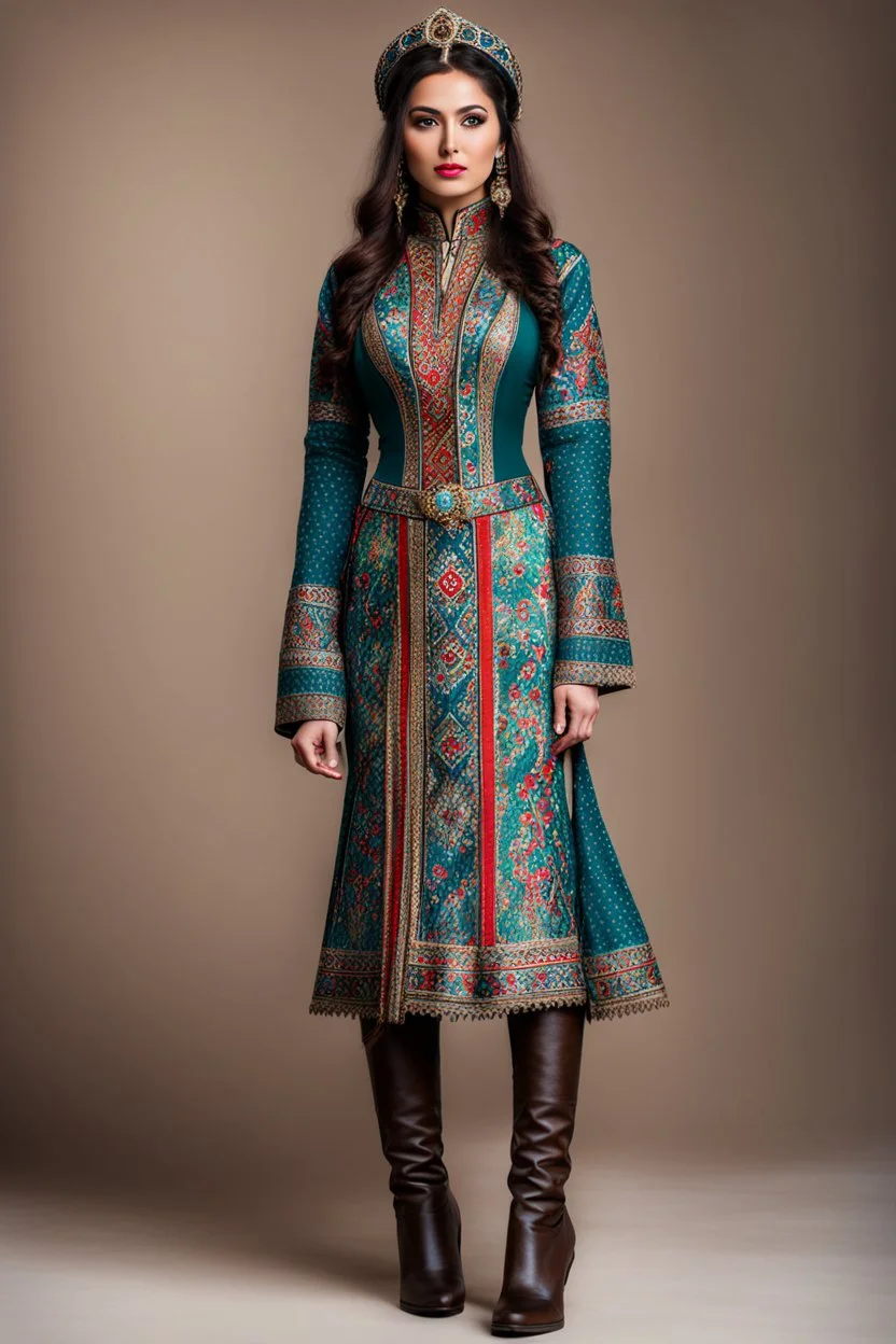 full body ,very beautiful lady in Azerbaijani short costume standing with long boots