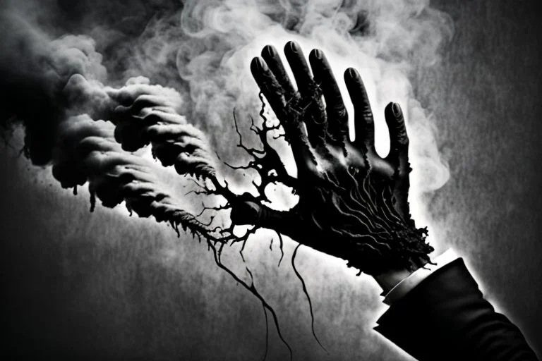 A black hand made out of black smoke violently gripping a human heart, squeezing all blood out of it, foggy, surreal