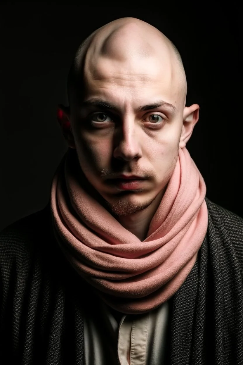 Portrait of a young man, bald, fiercy look, with a long scarf Who cover his mouth and a mask in his eyes