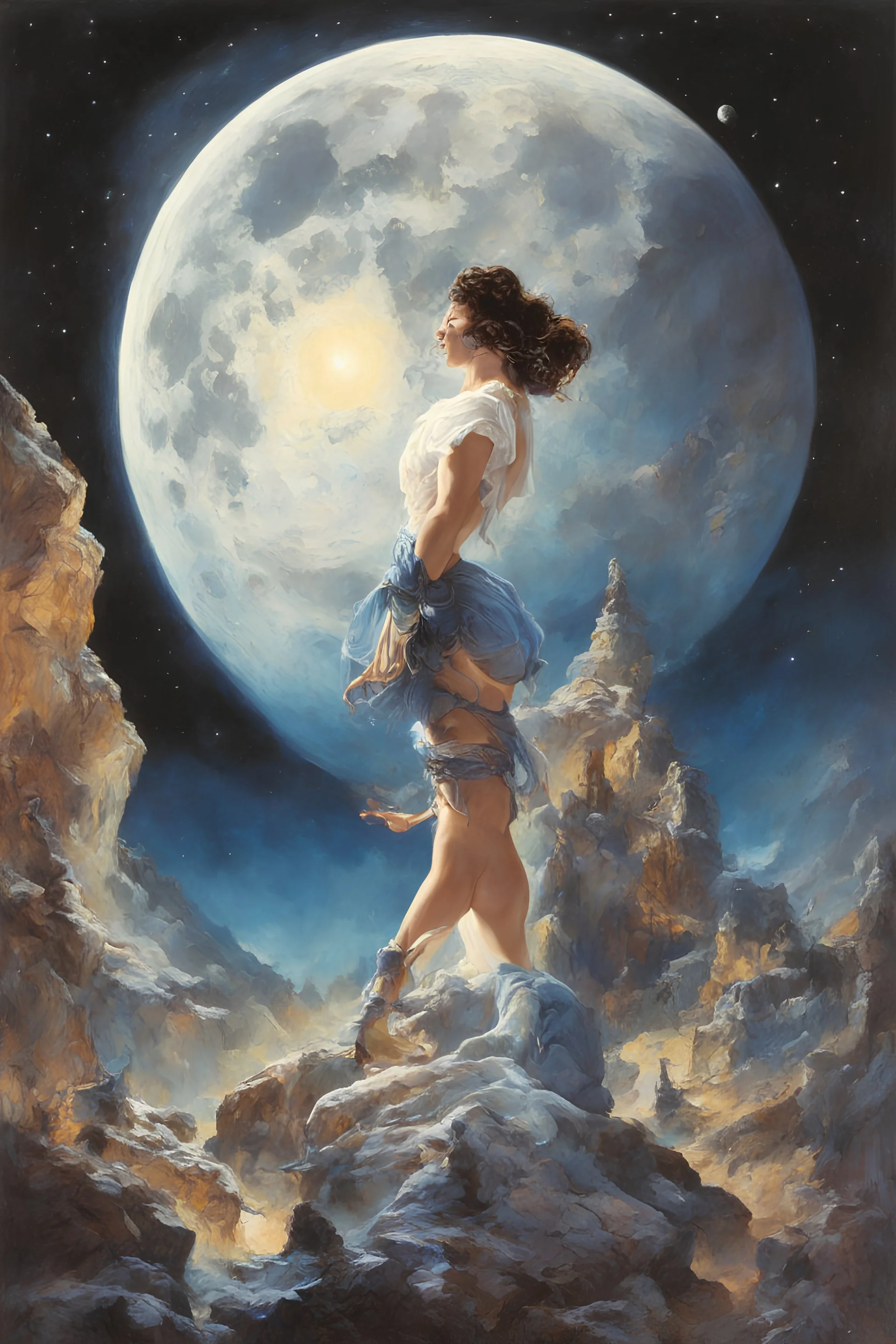 Lunar Display, northern light, glowing, beautiful, Boris Vallejo, Frank Frazetta, Julie bell, Caravaggio, Rembrandt, Michelangelo, Picasso, Gilbert Stuart, Gerald Brom, Thomas Kinkade, Neal Adams, Jim Lee, Sanjulian, Thomas Kinkade, Jim Lee, Alex Ross, Dorian Vallejo, Stan Lee, Norman Rockwell