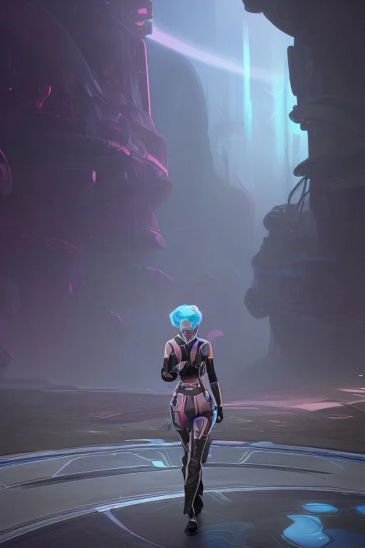 woman in a skin-tight spacesuit, with blond hair in a pigtail, walking towards a spaceship, back to the camera, on a path, wooded landscape in the distance, blue sky