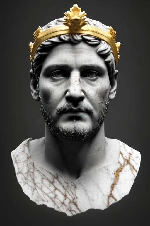 Ultra Realistic image, Roman sculpture, white marble material, young Maradona, gold crown of natural thorns, god crown, gold veins, gold ornaments, Renaissance style, sun rays background, waist up portrait, epic, celestial, cinematic lighting, God lights, 4k resolution, smooth details, soft lighting, unreal engine 5, art station, substance 3d.