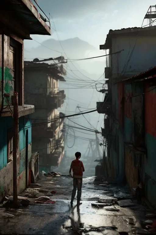 sad tired depressed boy back abandoned in favela in Rio de Janeiro on christmas night