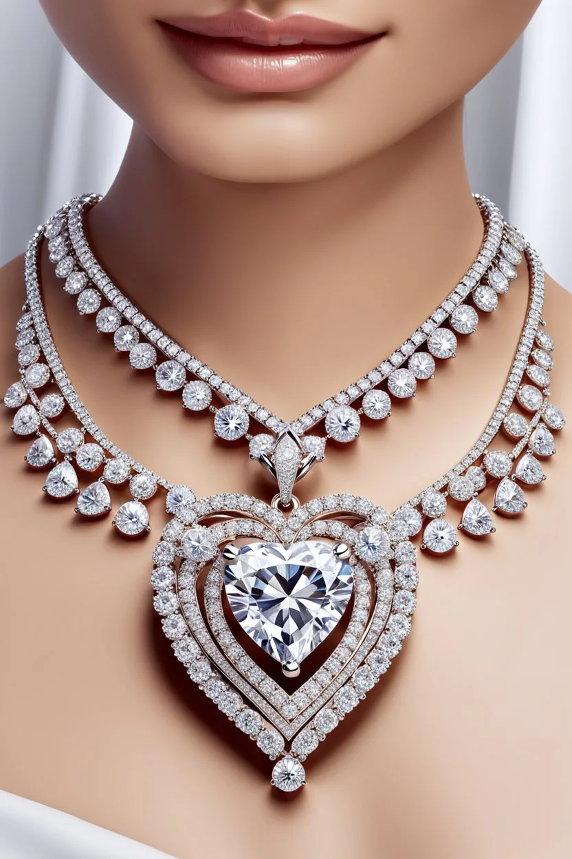 Create a visually stunning and luxurious image of a diamond necklace with a big symetrical heart shape diamond at the center and 3 layers of small round diamonds around it