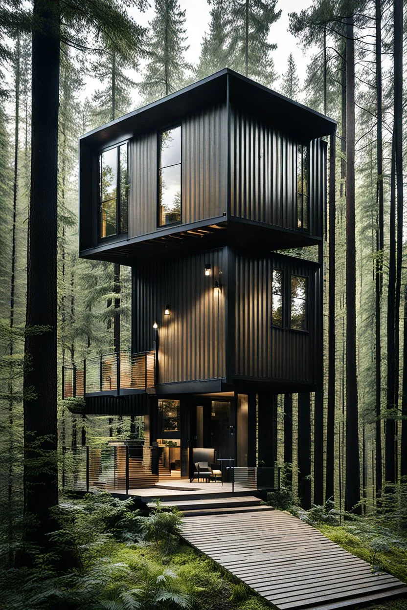 3-story container modern-style house in the woods. Photograph.