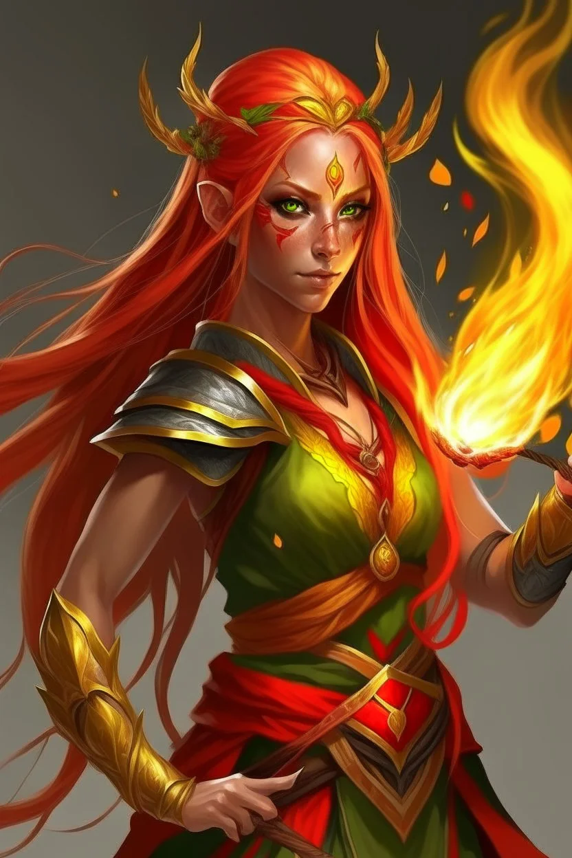 DnD female fire eladrin Druid that make fire with her hands. Has a long bright golden hair like it is made from fire. Her eyes are beautiful red golden color like fire. She has a crossbow on her back. She has tanned skin.