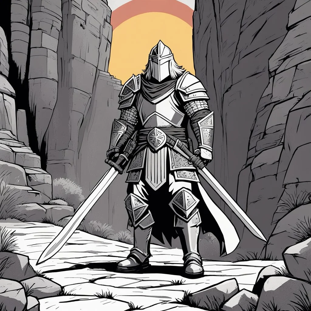 [comics Head Lopper style by Andrew MacLean] The hero, clad in plate armor, his two hands on the hilt of his zweihandsword, stands guard at the narrow passage in the canyon. Guard up, he knows he may die protecting the valley.The sun beats down mercilessly, casting harsh shadows across the rocky terrain. The hero's armor gleams in the sunlight, a beacon of strength and determination. His grip tightens on the hilt of his massive sword, ready to face whatever may come.