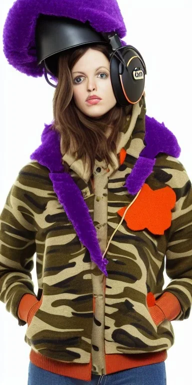 Brunette woman. average body type, think thighs and thick calves. Mantle is sewed of recycled Denim and sewed together of camouflage pieces. Printed camouflage figures are orange,terracotta, cream and purple. It is with big bright purple felt tippet and cream-colored-hood. mantle is merged with satchel. . AKG-style headphones (gold rings!) is merged with small felt cap with small visor. Style: Haute Couture in 1936, Paris fashion in 2023, inspired by surreal art. Cream latex gaiter.