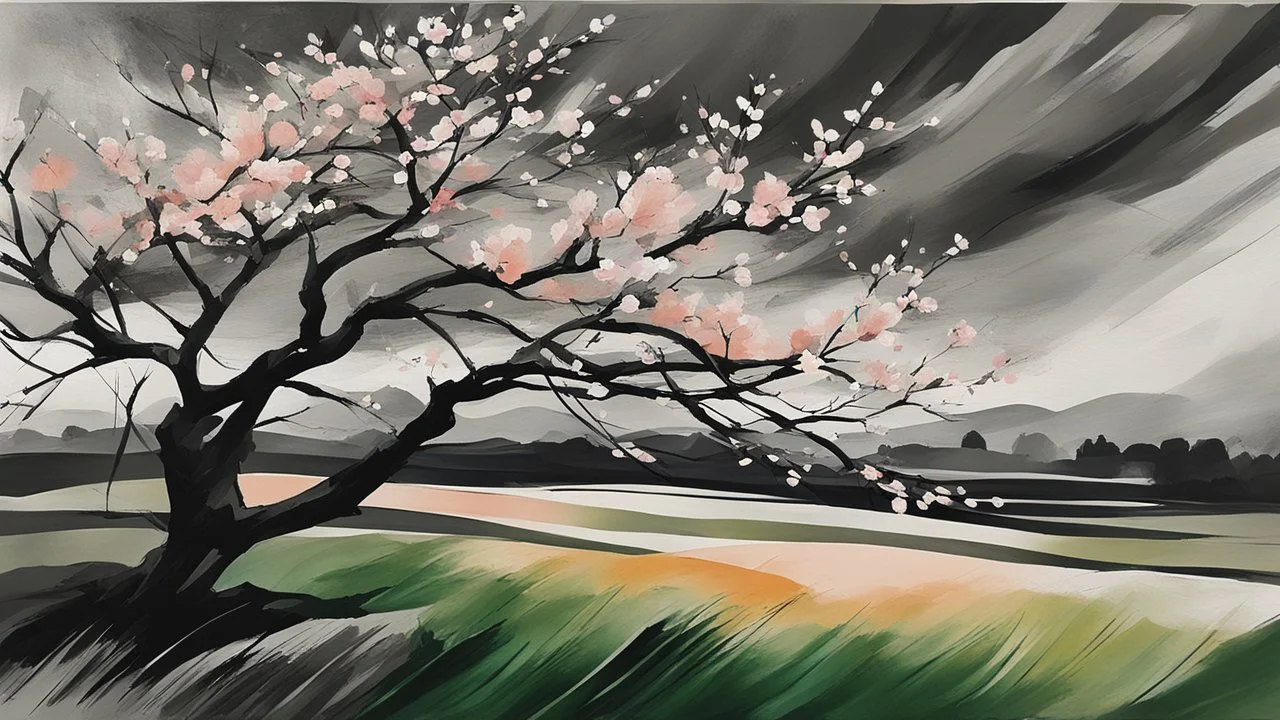 early spring, a Central European garden before imminent storm, strong wind, a peach tree blossom petals blown in the wind, minimal acrylic and ink, (tint leaks:1.6), dark grey and green and peach blossom colors, harsh contrasts, windy dynamics