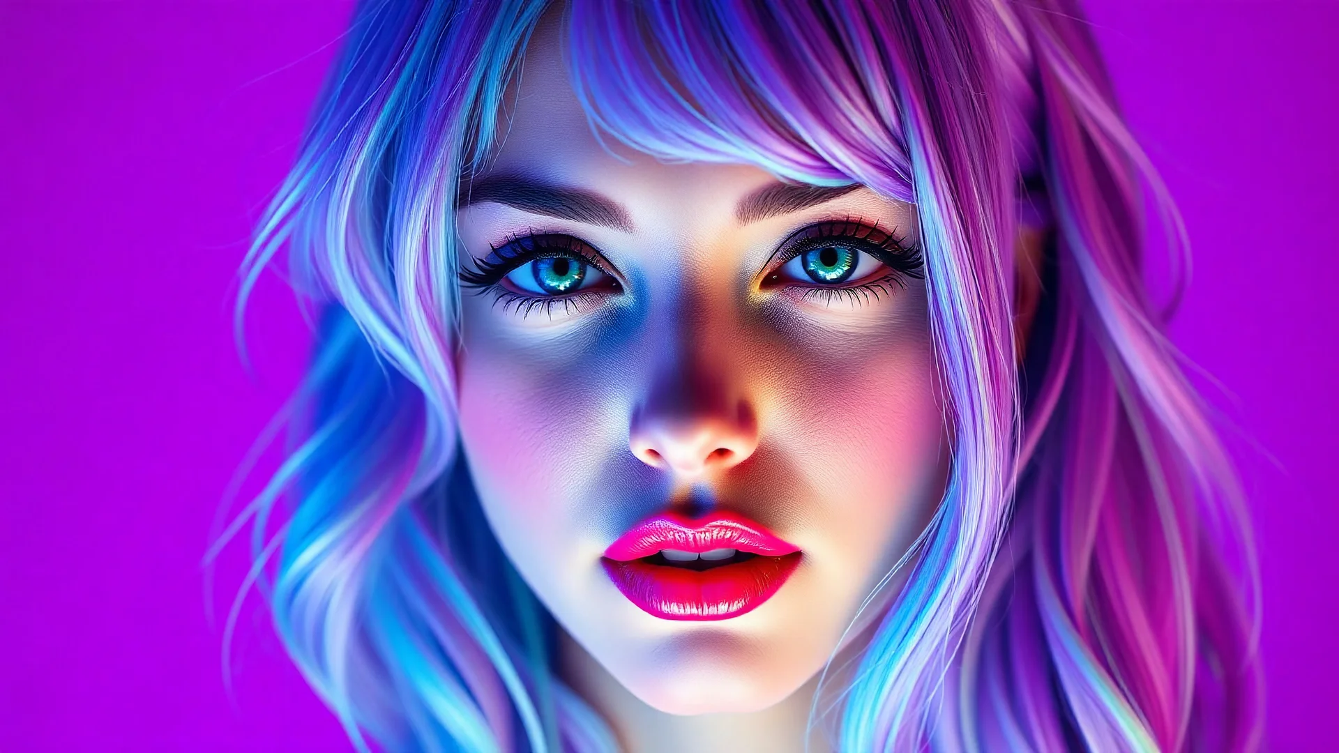 Neon Purple Background: NEON Lips, Neon eyes, Neon eyebrows, Lilac Neon hair, includes a woman, using neon green, lilac, and turquoise tones