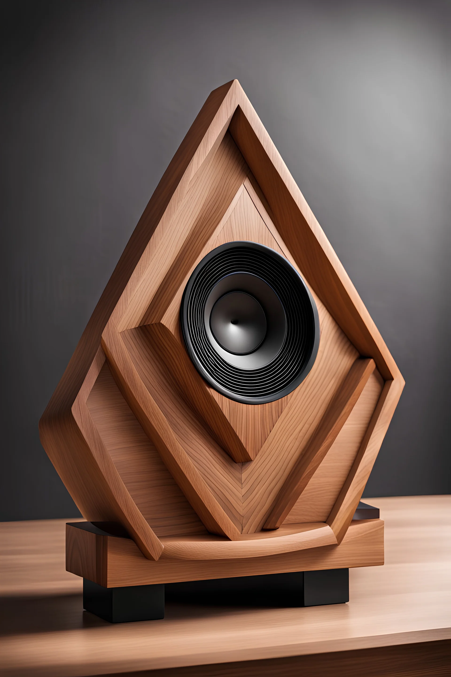 pro audio SPEAKER with a display screen in a triangle design and it is made of wood in the style of art deco on a desk