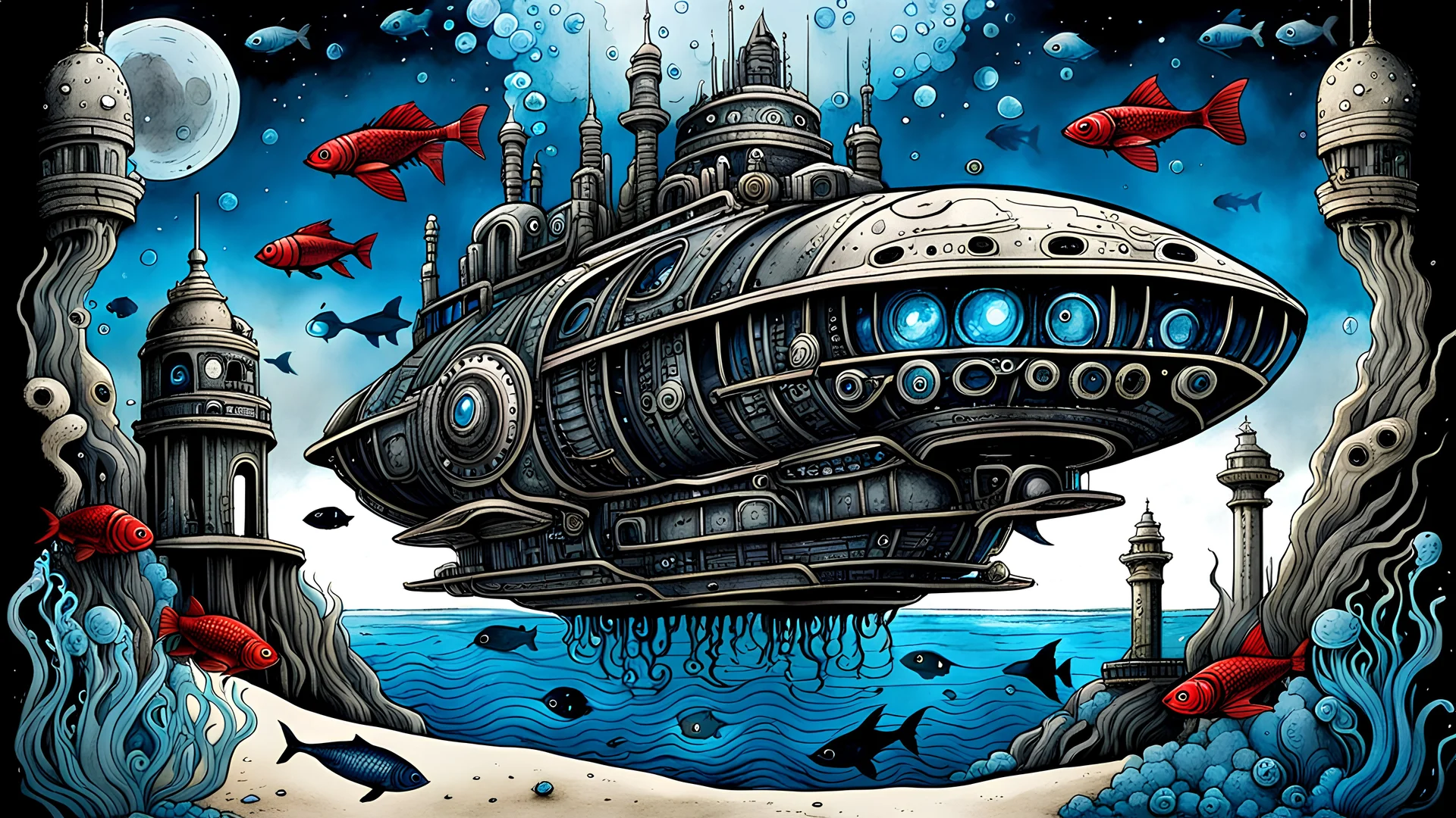 illustration form an ancient spaceship's ruins deep under the sea in sand, dark deep colors, nearby swimming weird metallic fishes and black fishes with red eyes, little light pale colors jellyfishes and an giant dark blue and gray steampunk cet in the background , Ink wash style, pale lighting, high detailed, movie poster, ink wash art with very fine drawing, and blue ink, unique mood, masterpiece