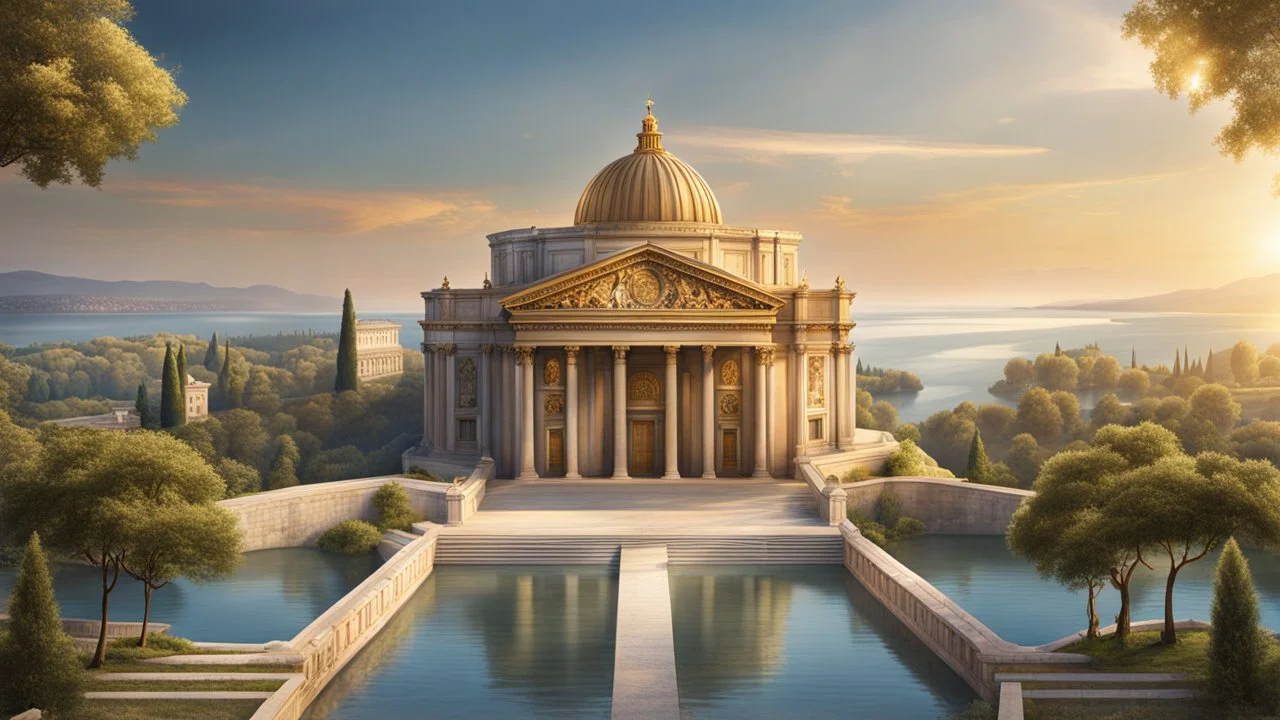 a roman city divided by a river next to the ocean. seen from a hill. perfect symmetry. marble and gold. fantasy.