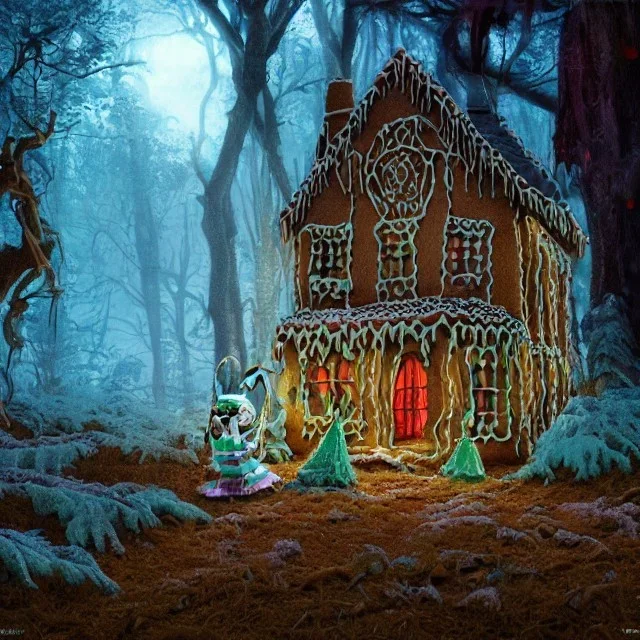 a witch house in the woods made of gingerbread, cerulean frosting, and pastel candies, 8k, flickering light, centered, high-quality, fine-detail, digital art, detailed matte, volumetric lighting, illustration, 3D octane render, brian froud, howard lyon, greg rutowski, anne stokes, alphonse mucha