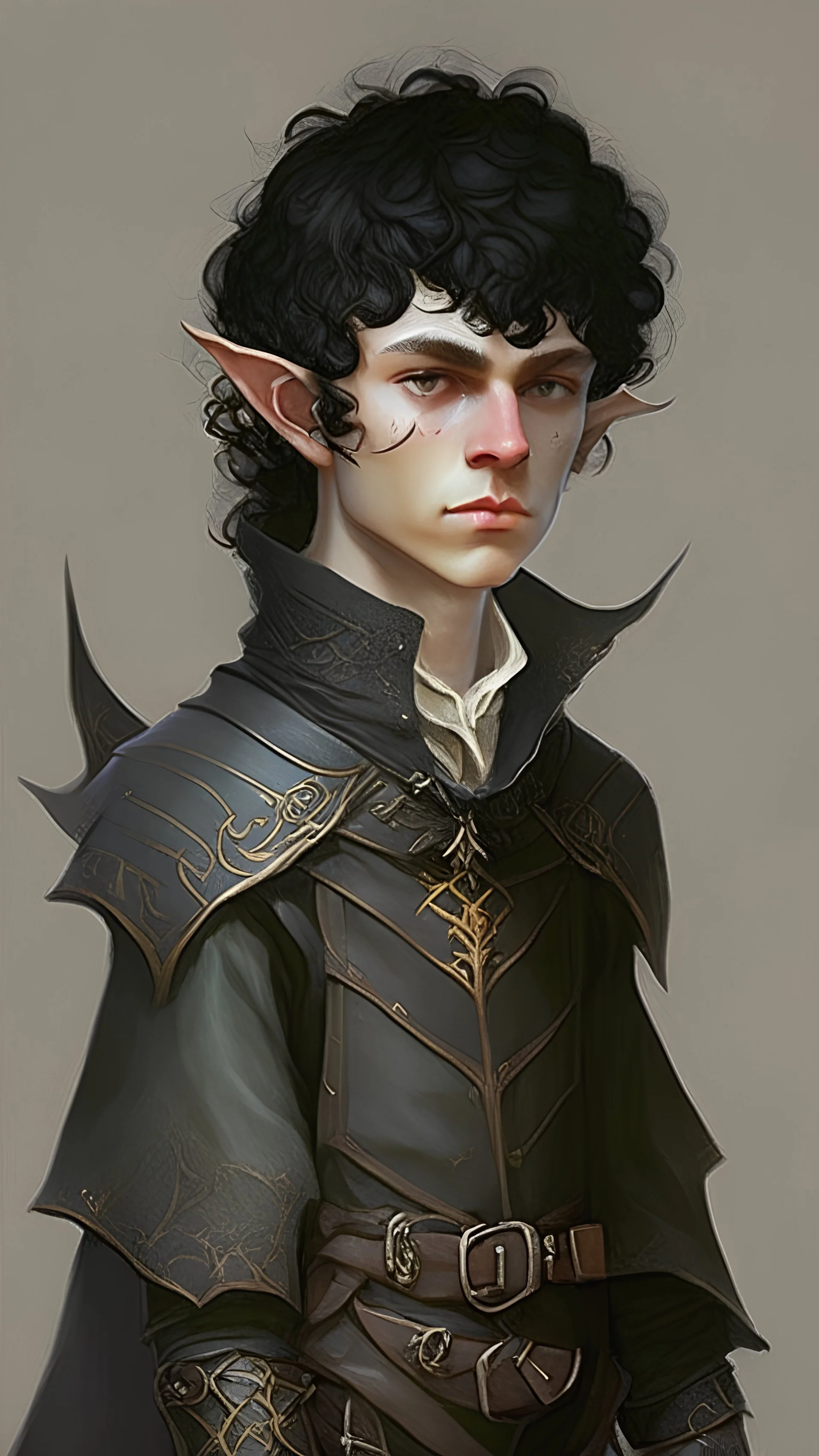 boy elf,he has curly, black hair and sharp cheekbones. His eyes are black. He wears fantasy medieval clothes. he is lean and tall, with pale skin, full body with boots, side view