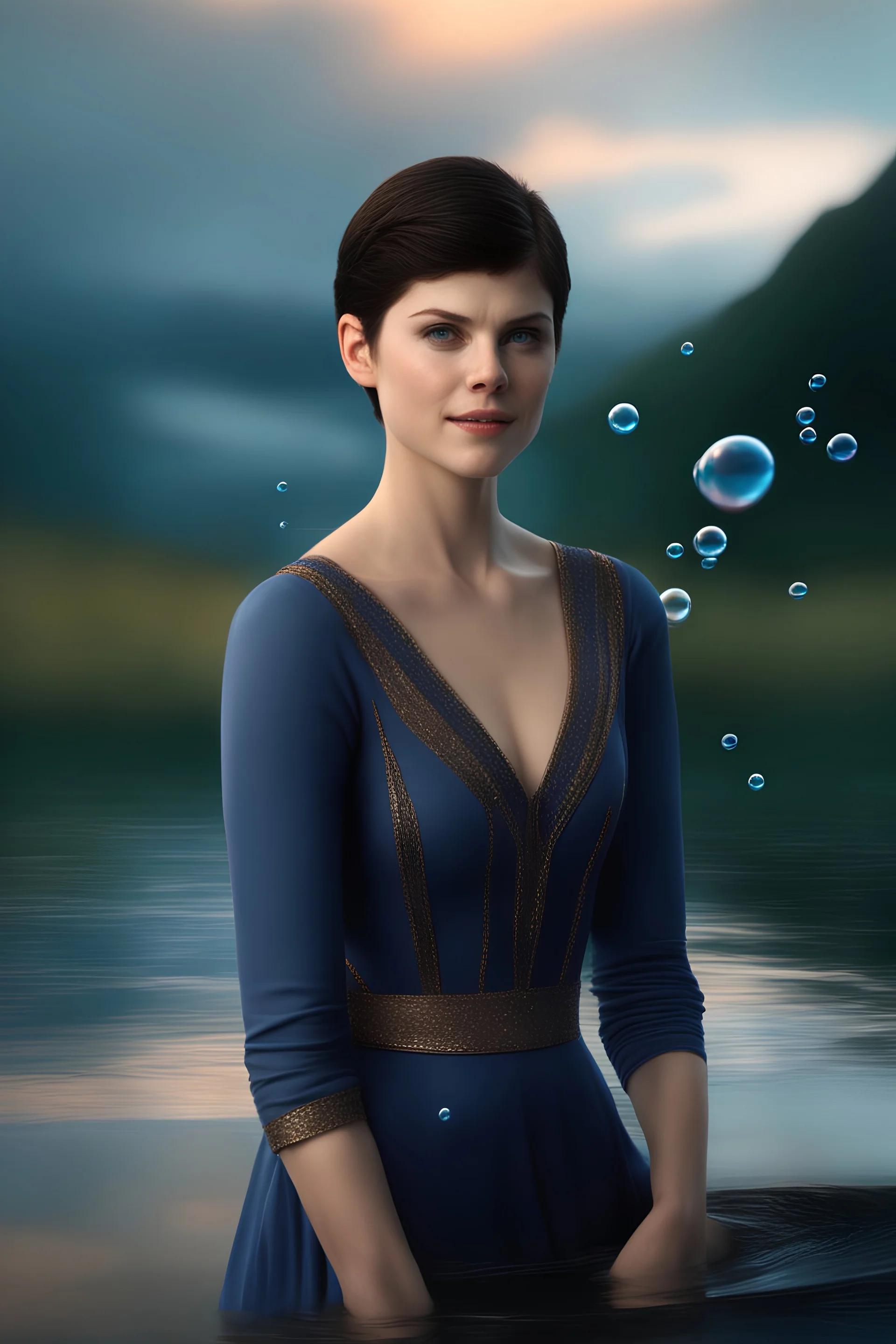 3D Bubbles, 3D Hearts, fog, clouds, somber, ghostly mountain peaks, a flowing river of electric water, fireflies, a close-up, facial portrait of a totally gorgeous Alexandra Daddario with short, buzz-cut, pixie-cut Black hair tapered on the sides, wide open, cobalt blue eyes, smiling a big bright happy smile, wearing a hoodie over a red bikini, in the art style of Boris Vallejo